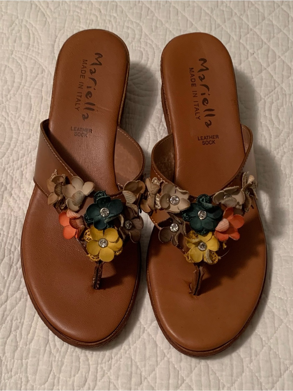 Mariella Tan Leather made in Italy Floral Wedge Thong Sandals